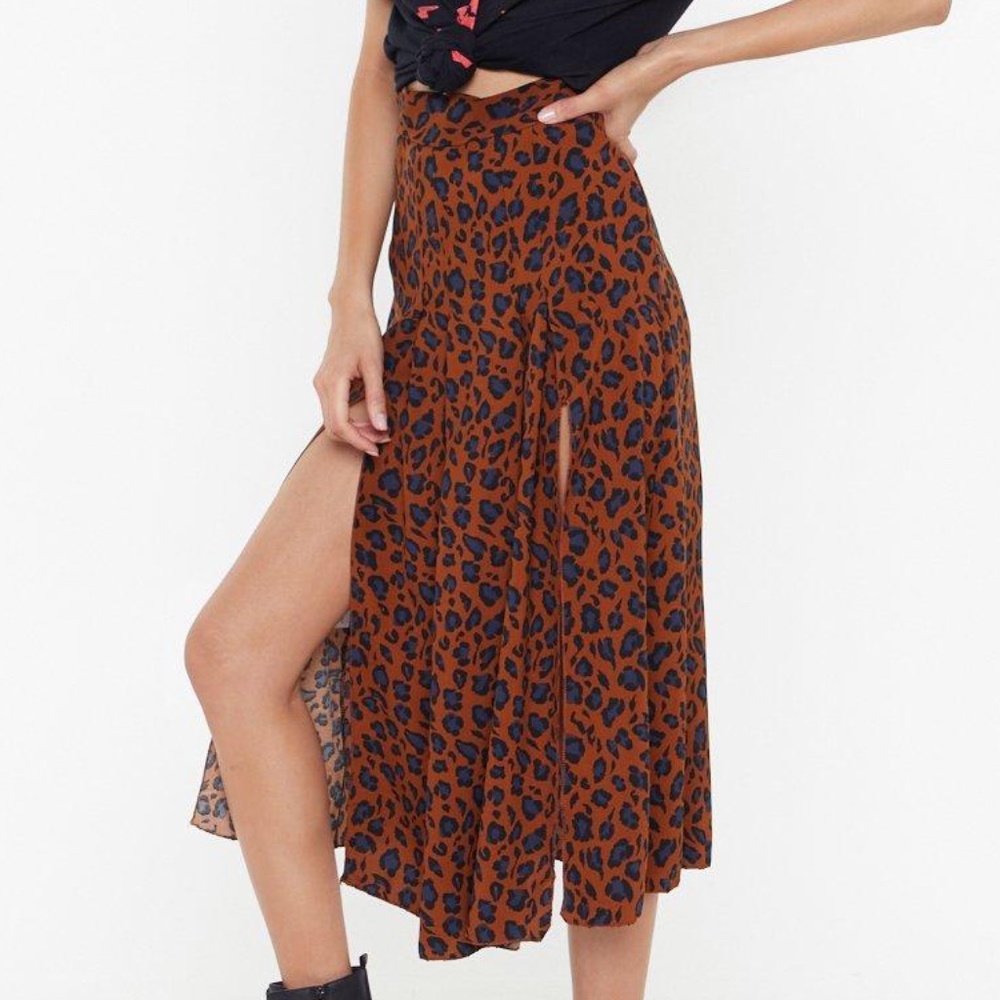 Nasty Gal Leopard Print Double Split Midi Skirt